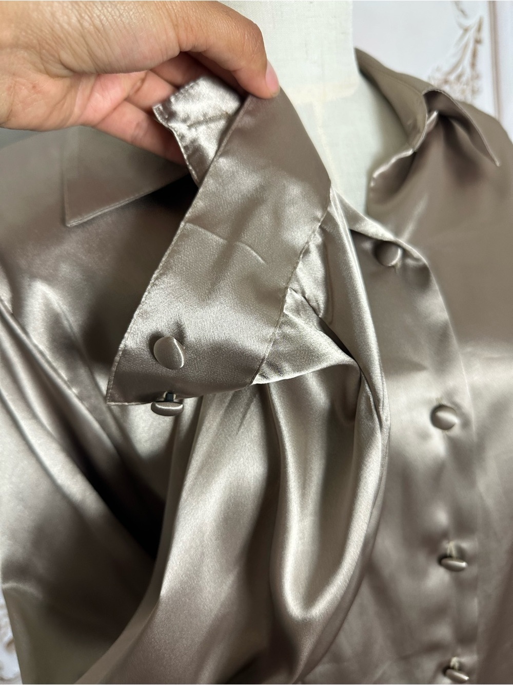 Satin Button-Down Blouse - Taupe - Picture 3 of 11